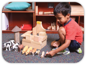 boy playing with farm animal toys