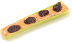 Celery, nut butter and raisins