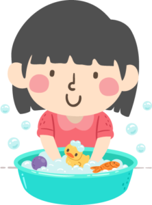 cartoon girl washing toys